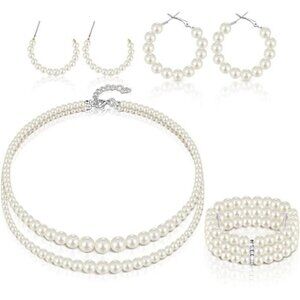 Pearl Rhinestone Jewelry Set for Women Pearl Necklace Bracelet Earrings